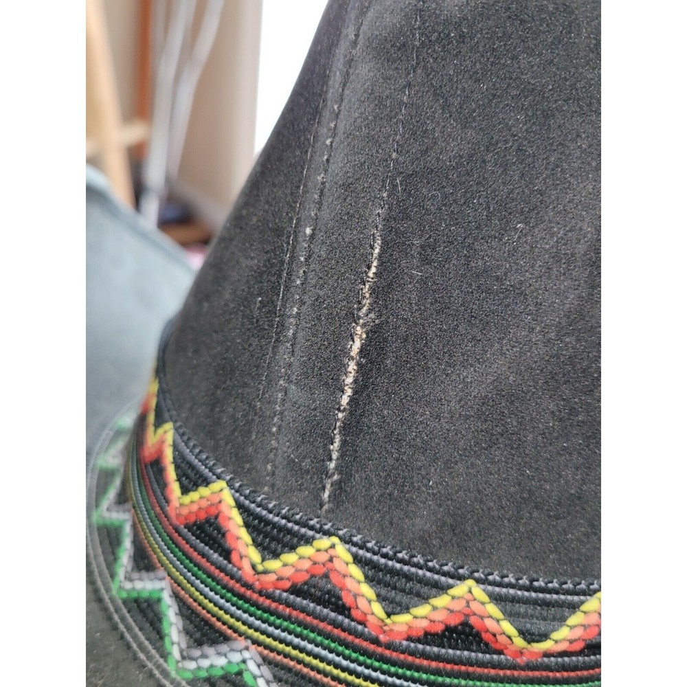 VTG UNITED HATTERS CAP & MILLINERY Black Suede COWBOY HAT SZ XL Colorful Band - Picture 2 of 12